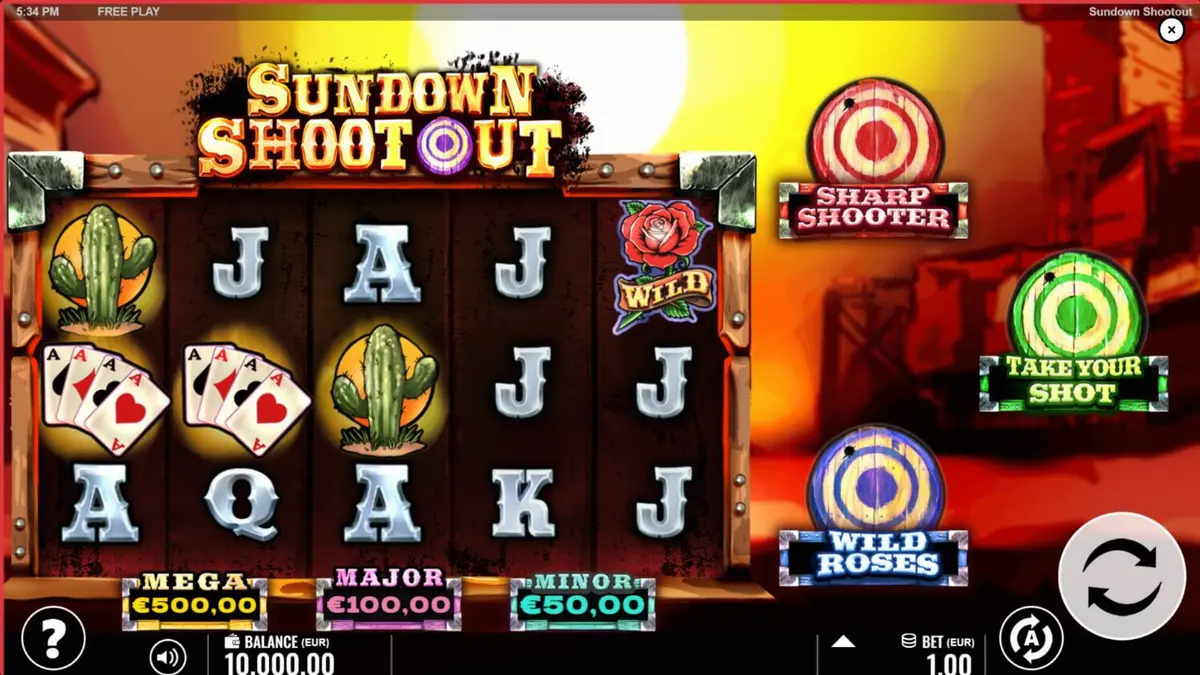 Tampilan visual slot Sundown Shootout dengan tema Wild West